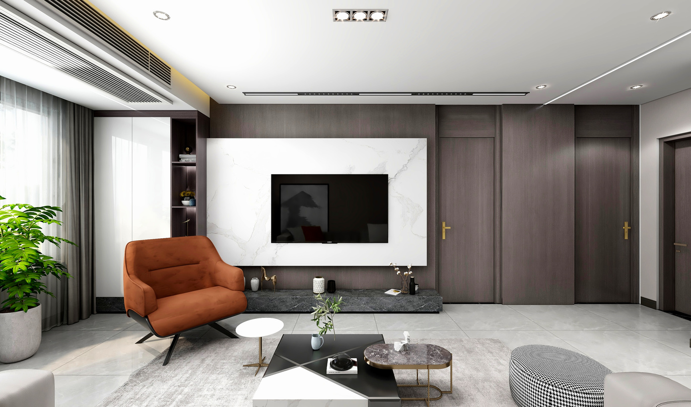 这是一个现代风格的客厅装修设计。从图中可以看到，整个空间非常宽敞明亮，墙面是大理石纹的白色，地面上铺着灰色的瓷砖。在电视墙上，可以看到电视机，下方是黑色的大理石台，台面上摆放着一些绿色植物和装饰品。沙发是米色的，客厅还有一张橙色的单人沙发和一张黑色的茶几。在沙发的对面，有一面深棕色的木质边框的墙，墙的左侧有一个白色的储物柜，右侧则没有家具。在房间的最后方，可以看到一个门和一扇窗户。整体来说，这个客厅的设计非常简洁、明亮，色彩搭配也非常和谐。