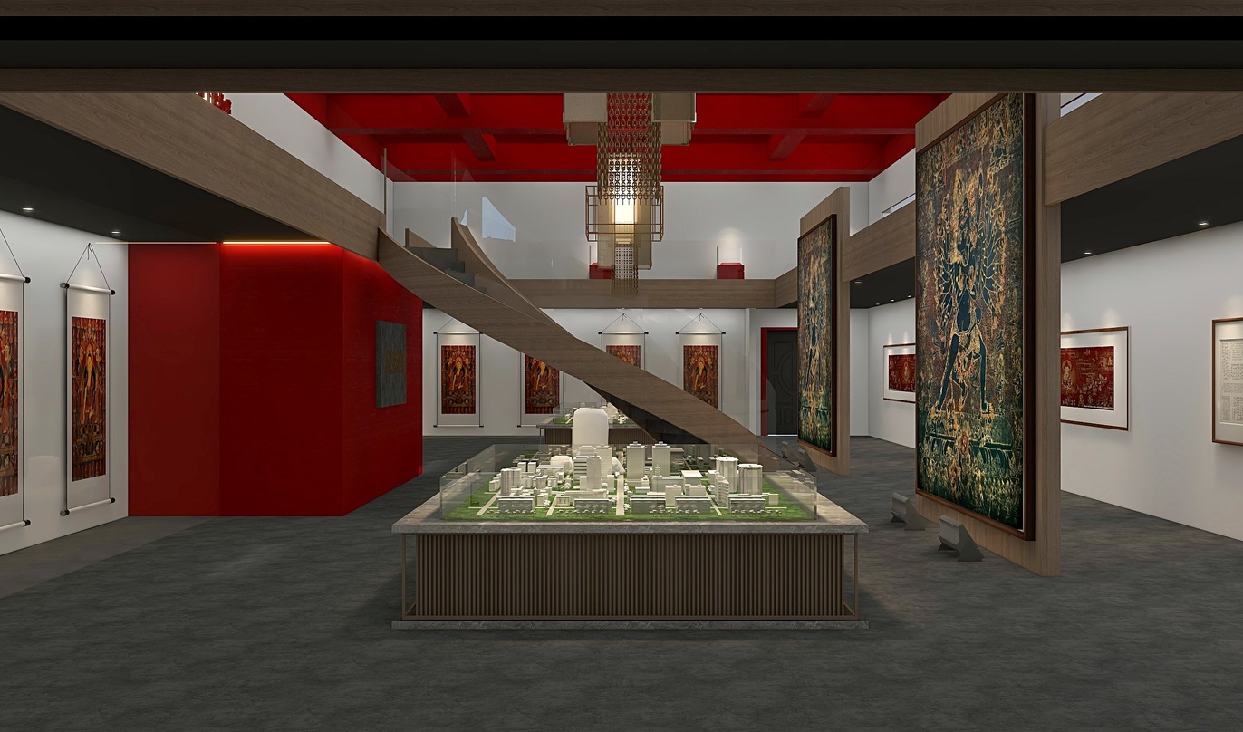 这是一个博物馆的内部，中央有一个沙盘模型，周围是红色的，沙盘模型的左边有一个红色的墙，墙的上面是红色的横梁，中间有一个灯，沙盘模型的前面有一些地毯，左侧是壁画，右侧也是一面壁画，壁画的上面是横梁。