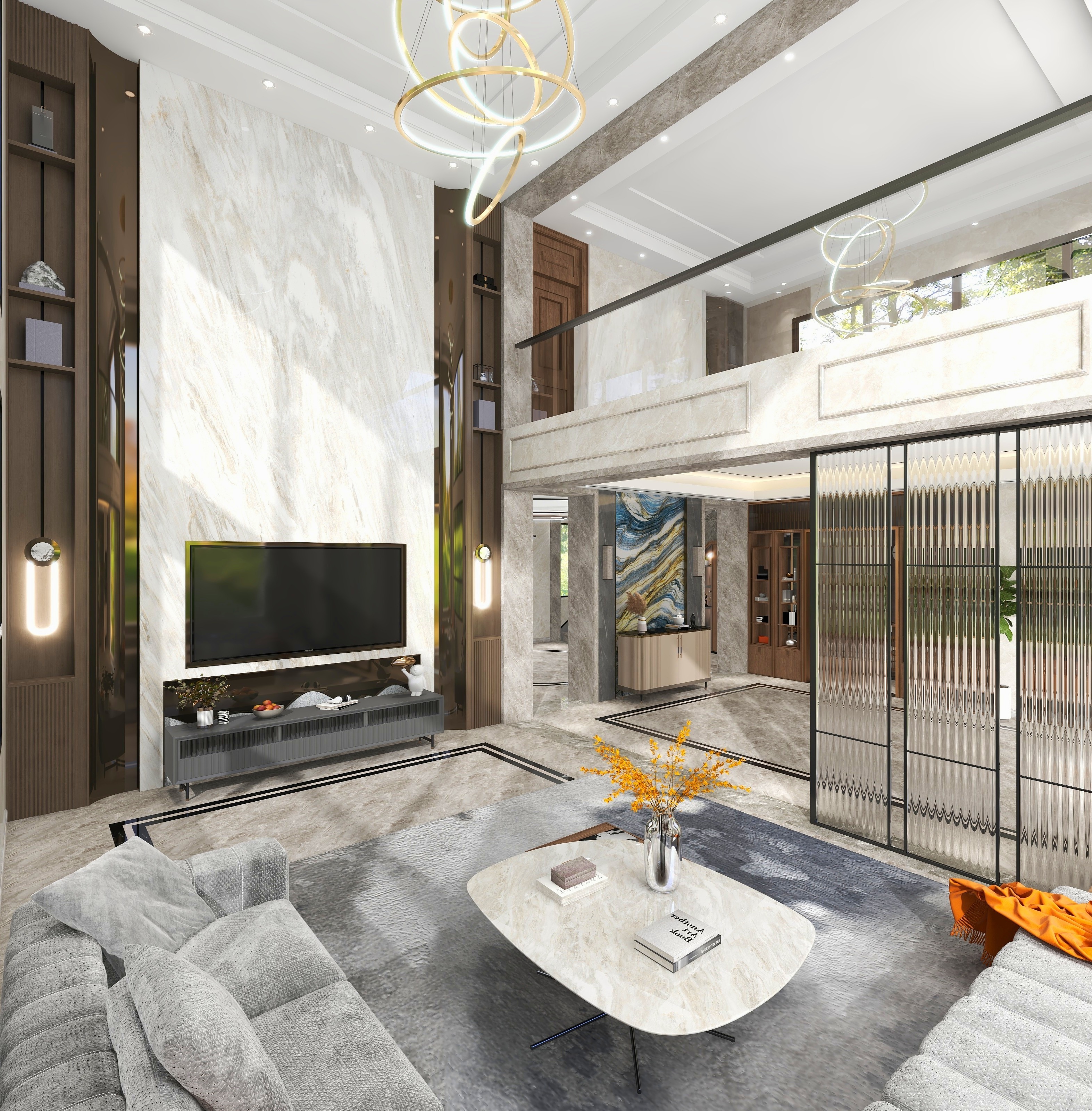 设计师啊斌-300平方新中式中空客厅装修效果图