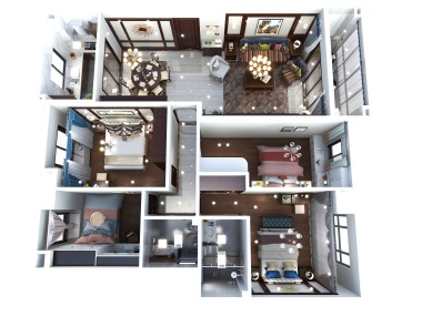 羽非设计-《书香门第》-140平方美式4居装修俯视图