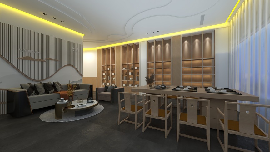 图中是一个酒店的3D渲染图，酒店大堂内。一个类似茶室的房间，墙壁用棕色的木格子装饰，地面铺着黑色的大理石。房间的中间有一张铺着黄色垫子的桌子，旁边围绕着7把椅子，桌子的左侧是一张摆放着茶具的桌子。房间的天花板上还有黄色的LED灯。