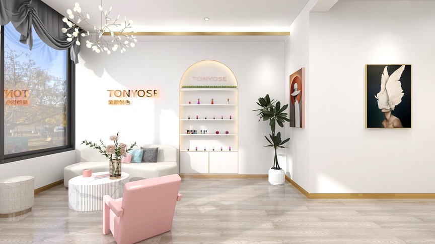 图中是一个美容美发店铺，店铺中有一个白色的L型沙发，一个圆形的白色茶几，墙面上是三幅艺术画，地面是浅灰色的木地板，沙发旁边有一个高低台，台子上有一个植物，店铺的右墙还有一幅人物的画。