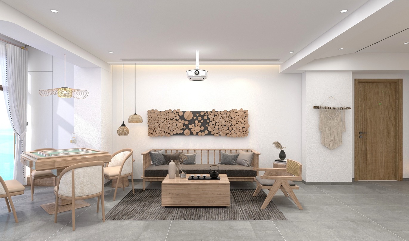 这个是一个客厅的装修设计。整个空间以白色和原木色为主色调，给人一种简洁、舒适的感觉。