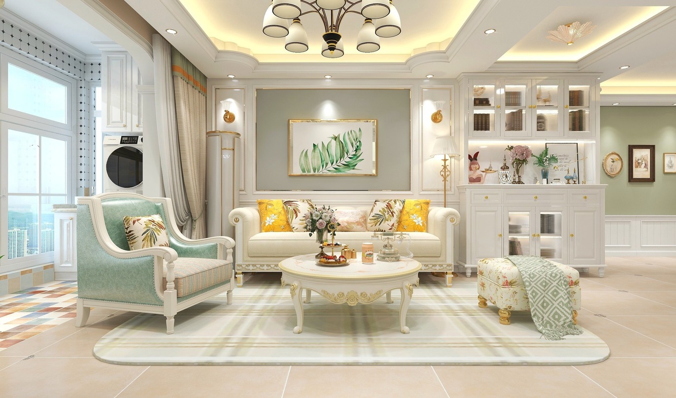 这个场景是一个明亮的客厅。客厅的地面铺着黄色和灰色的格子砖，给人一种温馨舒适的感觉。在客厅的前方，有一张白色的咖啡桌，上面放着一个精致的茶具，茶具的旁边有一个绿色的沙发和一个白色的单人沙发。沙发上面摆放着黄色和白色的抱枕，看起来非常舒适。客厅的墙上挂着一幅植物画，画的下方是一幅艺术画，为整个空间增添了一抹亮色。客厅的左侧有一扇大窗户，窗户旁边是餐厅，餐厅的右侧是厨房。厨房的墙面是绿色的，与客厅的墙面形成了对比，让整个空间更加丰富多元。天花板上挂着一个黑色的灯，灯的下方是一个彩色的吊灯，为整个空间增添了温馨的氛围。