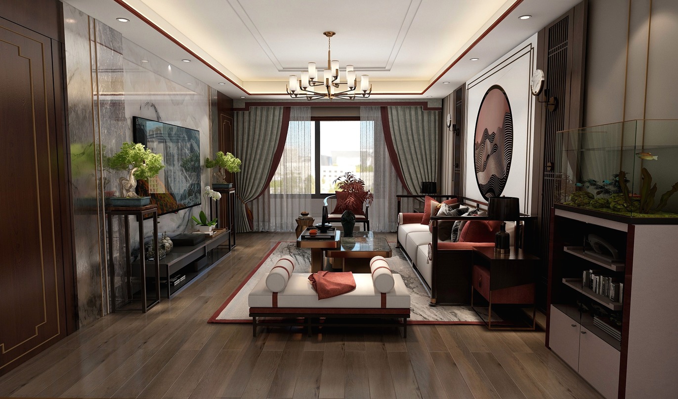 这个场景是一个客厅的室内设计图，整体风格为新中式，以棕色和白色为主色调。客厅的地面铺设了木质地板，给人一种自然和宁静的感觉。