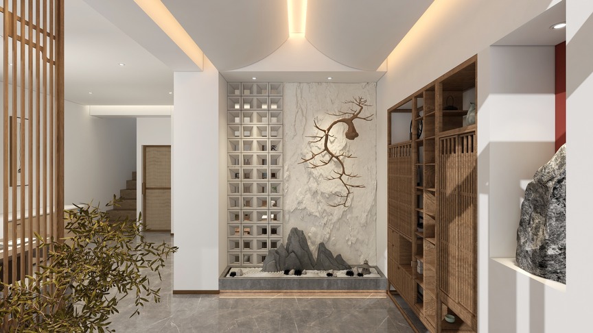 这个是一个过道的场景，墙面是白色的，悬挂着一幅装饰画，地面上铺着灰色的瓷砖。过道左侧是一面装饰着植物的屏风，屏风后面是房间的入口。图片的右侧是两个类似书架的木质家具，上面摆放着一些物品。天花板上挂着一些灯，其中一些灯的灯罩是白色的圆球形。整个场景给人一种干净、整洁的感觉。