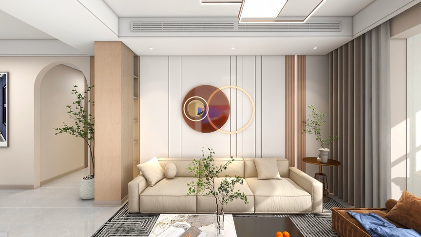 这是一个客厅的3D渲染图。整个空间以白色为主色调，给人一种简洁、明亮的感觉。图中左侧有一面浅棕色的竖向装饰墙，墙的左侧是一个装饰有棕色线条的白色书架，书架上方是一个圆形的棕色挂盘，盘子周围是金边的。书架的右边是一个白色的墙面，上面挂着一个圆形的装饰画，画的背景是金边的。墙的右侧是一面深棕色的竖向装饰墙，墙底部有一个深棕色、浅棕色、白色拼色的地毯。在地毯前方的灰色桌子上，左侧放着一个圆形的黑色边框的装饰品，右侧放着一个同样颜色的单人沙发，沙发上放着三个不同高度的橙色果盘。图片的右端是一个开放式的厨房，厨房的地面是白色的，墙面是浅蓝色的。厨房的右侧有一个拱形的门，门通往客厅的另一个空间。