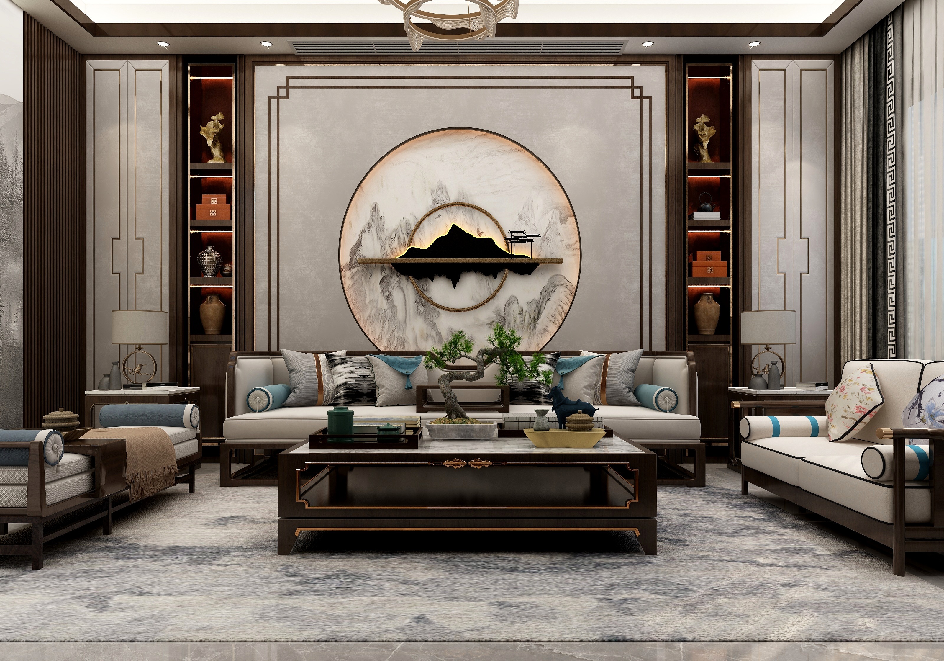 张旭-新中式三层自建房别墅装修效果图