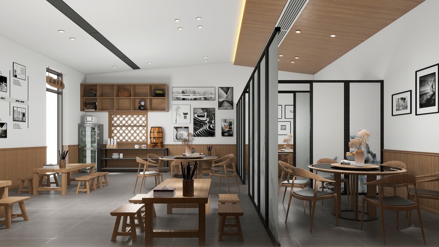 这个场景是一个咖啡店，店面前沿是玻璃墙，可以看到店内。店内的桌椅摆放整齐，桌面上摆放着咖啡杯，玻璃墙另一边也有同样的桌椅摆放，与店内的布置相呼应。墙面装饰简约大方，木质的桌椅和吧台让人感到温暖和舒适。天花板上安装了多个灯，保证充足的照明。墙上挂有多个相框，每个相框里都有不同的画面，让墙面显得丰富有趣。店内的地面是灰色的瓷砖，与整个空间的色调相协调。