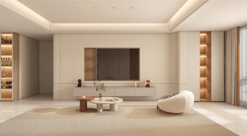 Minimalist Creamy Living Room with Warm Wood Tones