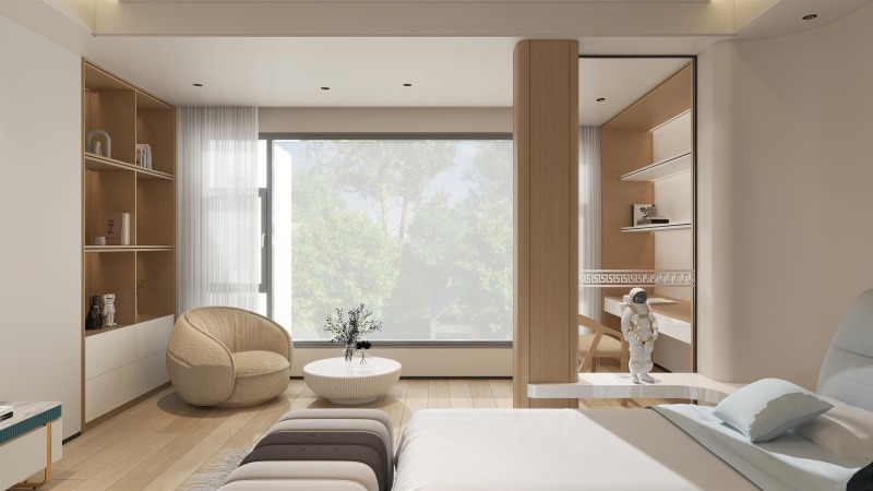 Minimalist Creamy Living Room with Wood Tones