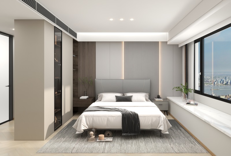 Modern Gray Bedroom with City View
