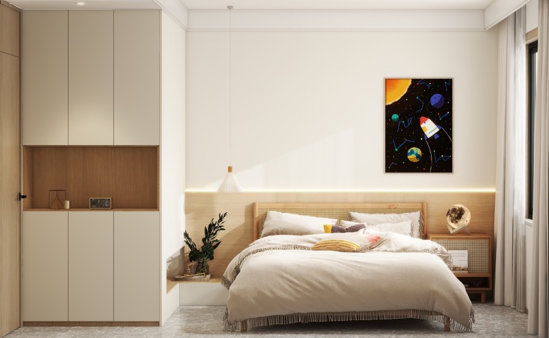 Minimalist Earth Tone Bedroom with Space Art