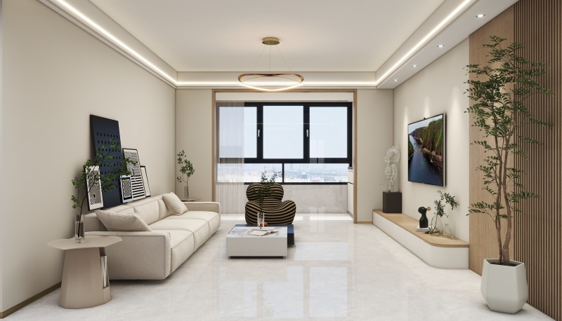 Minimalist Beige Living Room with Bright Views