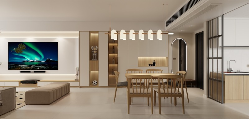 Contemporary Minimalist Dining Room with Wood Tones
