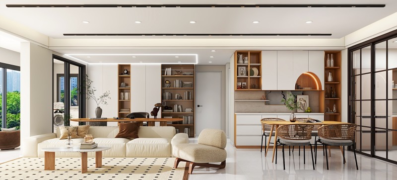 Modern Minimalist Living Room with Wood Accents