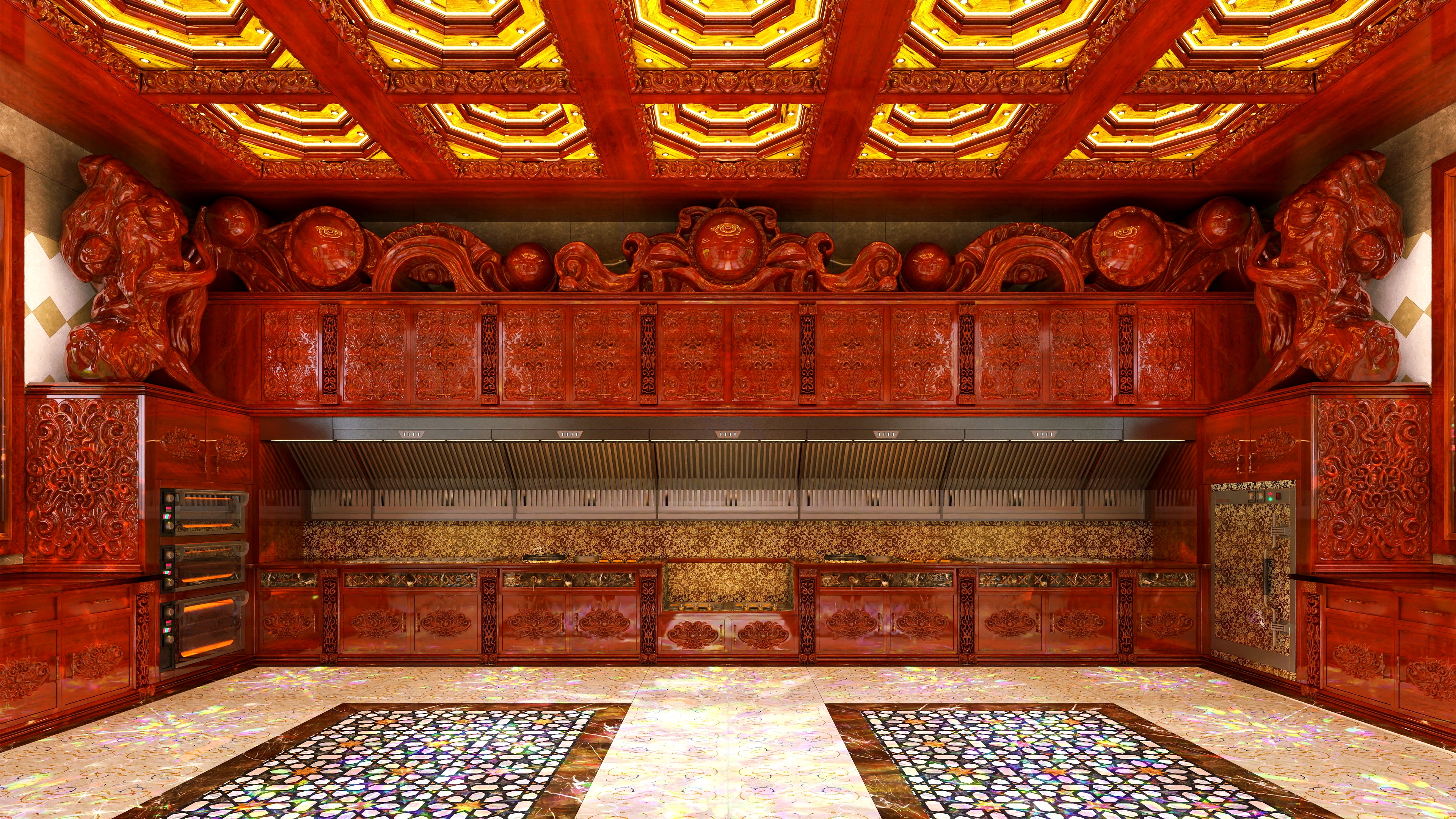 F安航-极限设计-豪华欧式专业厨房-超级奢华橱柜100平方厨房冷库-专业厨房定制不锈钢实木设计-装修设计方案